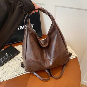 Vintage dark brown large capacity tote bag in textured faux leather for daily commuting