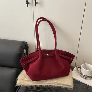 Large capacity vintage burgundy suede tote bag with long handles for women's daily commute
