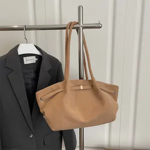 Minimalist large capacity camel frosted leather tote bag with elegant golden hardware