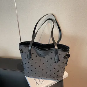 Large Capacity Canvas Tote Bag For Women Polka Dot Bowknot Embroidery Shoulder Bag Vintage Commuter Handbag Grey Black