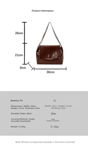 Detailed size specifications for the dark brown PU leather tote bag with dimensions