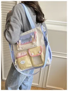 Detail showing colorful multi-pocket shoulder bag with transparent card slot and labels