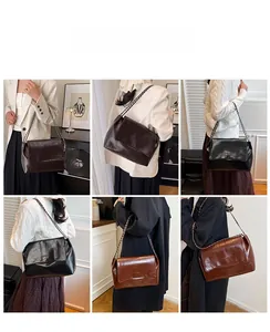 Detailed views of high-gloss leather shoulder bags with elegant chain straps in various colors
