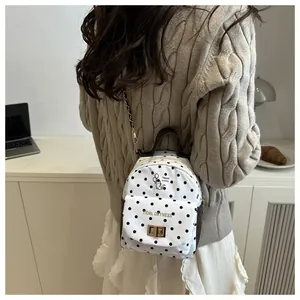 Polka dot mini backpack with cute cat print and stylish metal chain shoulder strap detail