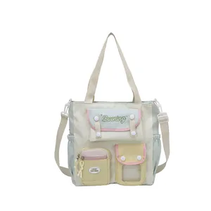 Multicolor macaron pastel tote bag with adjustable strap and functional compartments