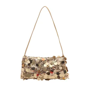 Bolso de hombro dorado con lentejuelas brillantes y correa fina para mujer estilo elegante