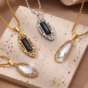 Collares vintage de titanio con colgantes geométricos de circón en cadenas trenzadas