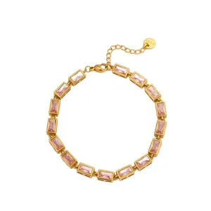 Gold stainless steel bracelet with rectangular pink crystals and lobster clasp closure