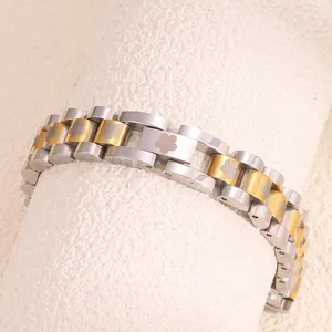 Macro detail of two-tone steel bracelet featuring engraved floral patterns on links