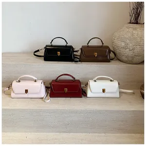 Five assorted minimalist mini crossbody bags in leather with golden twist locks