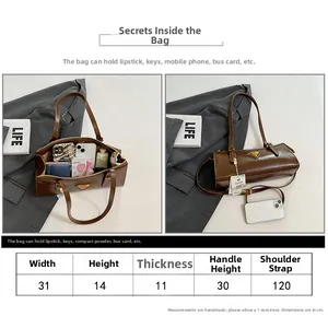 Detaillierte Größentabelle für Retro Schultertasche mit Maßen und Kapazitätsangaben
