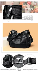 Detail of black textured leather bag with three zip pockets and adjustable strap