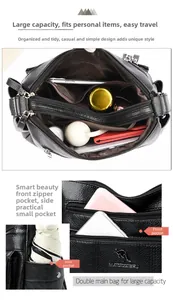 Detailed interior of black lychee grain crossbody bag showing multiple pockets and storage
