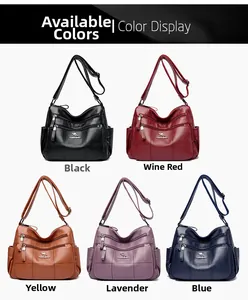 Multiple views of multi-pocket leather crossbody bags in five stylish color variations