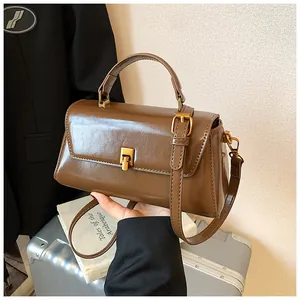 Detail of dark brown vintage square handbag with gold twist lock and crossbody strap