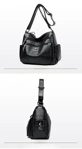 Detailed views of a black litchi pattern shoulder bag with multiple functional pockets