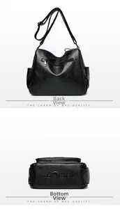 Detailed back and bottom view of black lychee grain faux leather crossbody bag