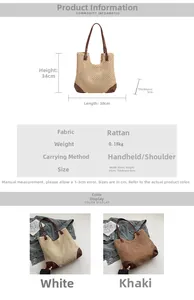 Detailed size chart and dimensions for the handmade woven straw tote beach bag