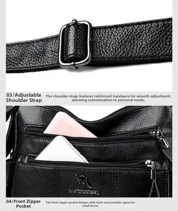 Detail view of black litchi leather bag with adjustable strap and metal buckles