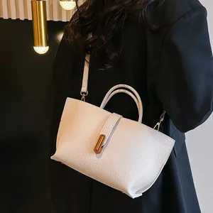 Large capacity off-white lychee grain tote bag with gold metal buckle for women