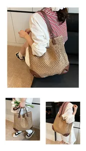 Close-up of handmade woven tote bag featuring brown leather corner patches and sturdy straps