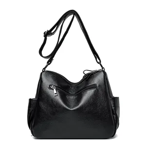 Classic black litchi texture crossbody bag with multi-pocket design and silver hardware