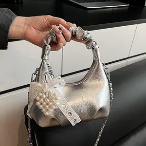 Women Pleated Cloud Underarm Bag PU Leather Baguette Bag With Artificial Pearl Heart Lace Bow Pendant Chain Strap Fashion Handbag