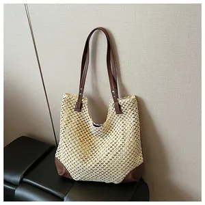 Handmade Woven Straw Tote Bag Large Capacity With Brown Leather Handles Beach Vacation Summer Fashion Shoulder Bag For Women