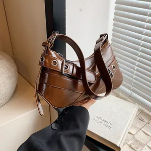 Women Fashion PU Leather Underarm Bag Retro Punk Style Metal Eyelets Buckle Shoulder Bag Vintage Hobo Handbag Daily Chic Bag