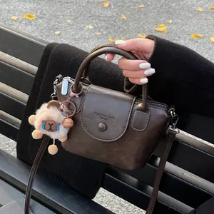 Retro Women PU Leather Crossbody Bag Vintage Magnetic Closure Top Handle Handbag With Plush Animal Pendant Daily Tote