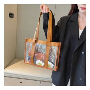 Close-up of a transparent PVC tote bag featuring brown trim and a matching inner pouch