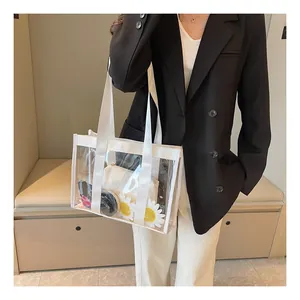 Detailed close-up of a clear PVC tote bag with white strap handles and daisy charm detail