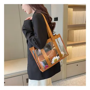 Detail of transparent PVC tote bag with brown straps and removable inner pouch