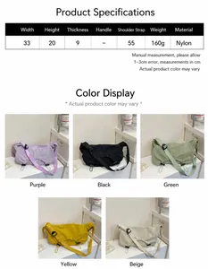 Specifiche dettagliate sulle dimensioni e opzioni di colore per la borsa a tracolla in nylon