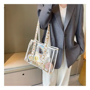 Detail view of transparent PVC tote bag with lettered wide strap and chic summer storage