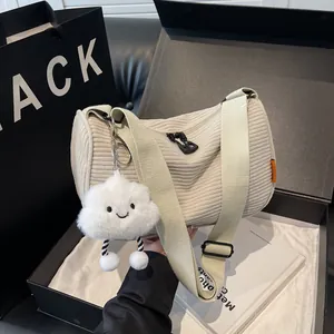 Women Corduroy Crossbody Bag Casual Dumpling Shoulder Bag With Cute Cloud Plush Pendant Adjustable Wide Strap Ribbed Texture Fashion Messenger Bag Travel Daily Satchel