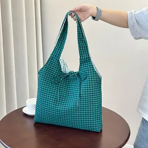 Women Reversible Plaid Floral Tote Bag Large Capacity Canvas Shoulder Bag Preppy Style Shopping Bag With Bow Tie Detail
