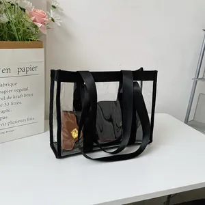 Women Casual Clear PVC Tote Bag Including Inner Pouch Fashion Transparent Jelly Shoulder Bag Waterproof Shopping Handbag
