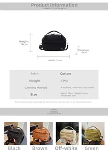 Detailed size specifications for canvas crossbody bag in black, brown, white, and green