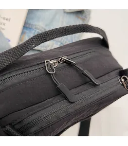 Close-up of smooth dual zippers and textured black fabric on stylish crossbody bag