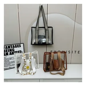 Three transparent PVC tote bags with wide jacquard straps and matching inner pouches