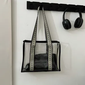 Modern Transparent PVC Tote Bag For Women Large Capacity Jelly Shoulder Bag With Woven Strap And Inner Pouch Casual Daily Handbag