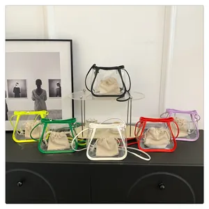 Transparent PVC mini crossbody bags in multiple colors with canvas drawstring liners