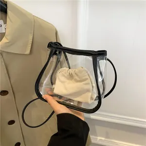 Women Transparent PVC Mini Crossbody Bag With Canvas Drawstring Inner Pouch Fashion Shoulder Handbag For Daily Use