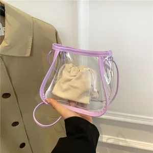 Chic purple transparent PVC crossbody jelly bag with removable cotton drawstring inner pouch