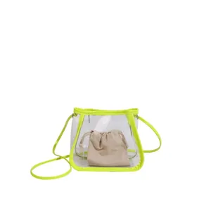 Transparent PVC crossbody bag with neon yellow trim and drawstring inner pouch for women