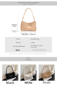 Size chart showing 23x15x7cm corduroy tote bag dimensions and 0.13kg weight details