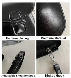 Dettagli della borsa in pelle nera lucida con tracolla regolabile e parti metalliche