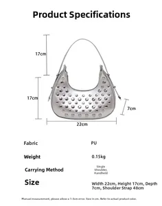Detailed size chart for silver crescent bag with metal rivets and PU leather dimensions