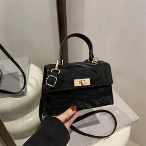 Sac à Main Femme Mode Cuir PU Plissé Petit Carré avec Verrou Doré Poignée Unique Sac Bandoulière Amovible
